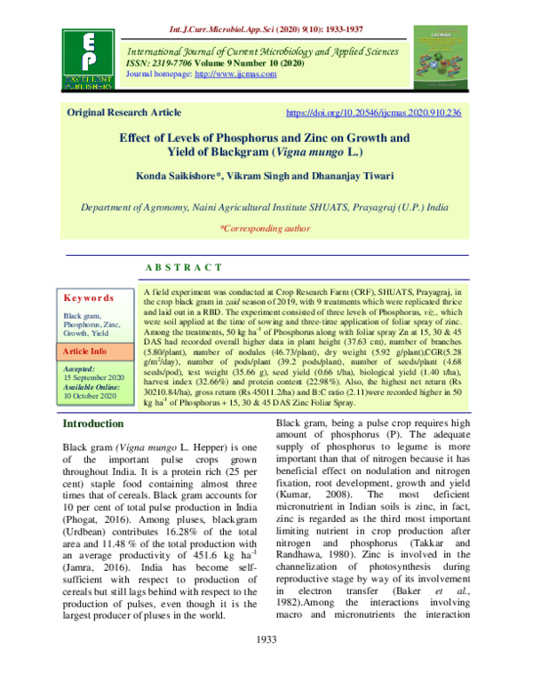 (PDF) Effect of Levels of Phosphorus and Zinc on Growth and Yield of ...
