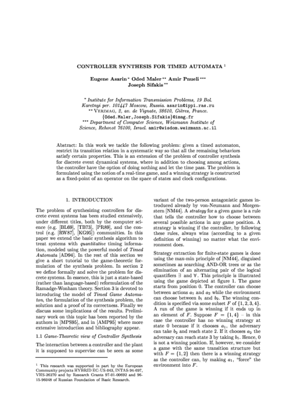 (PDF) Controller Synthesis for Timed Automata 1