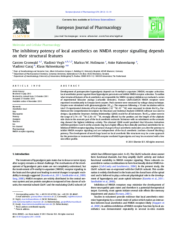 (PDF) The inhibitory potency of local anesthetics on NMDA receptor ...