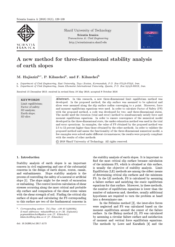 (PDF) A New Method for Three Dimensional Stability Analysis of Earth Slopes