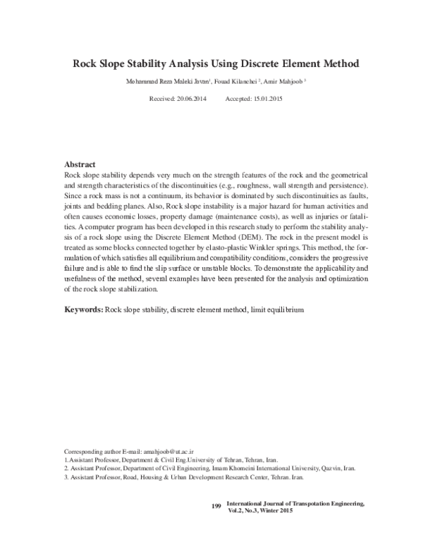 (PDF) Rock Slope Stability Analysis Using Discrete Element Method