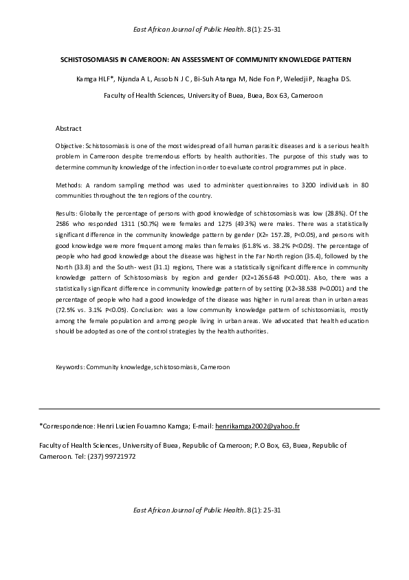 (PDF) Schistosomiasis in Cameroon: an assessment of community knowledge ...