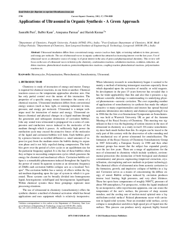 (PDF) Applications of Ultrasound in Organic Synthesis - A Green Approach