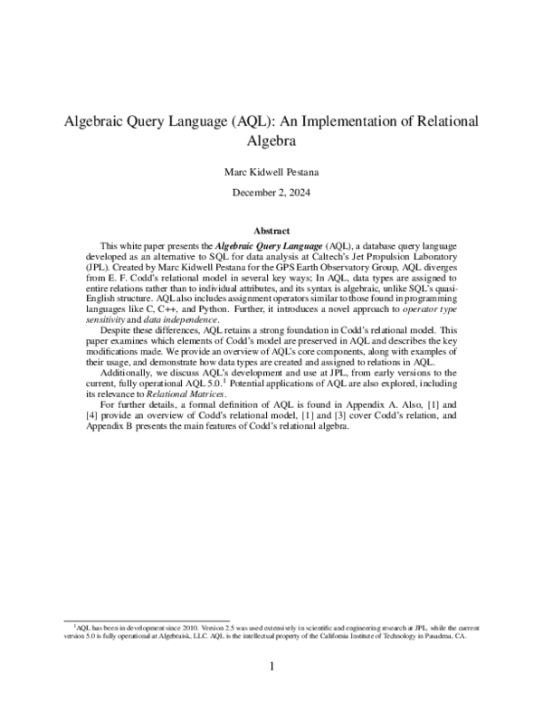 (PDF) Algebraic Query Language (AQL): An Implementation of Relational ...