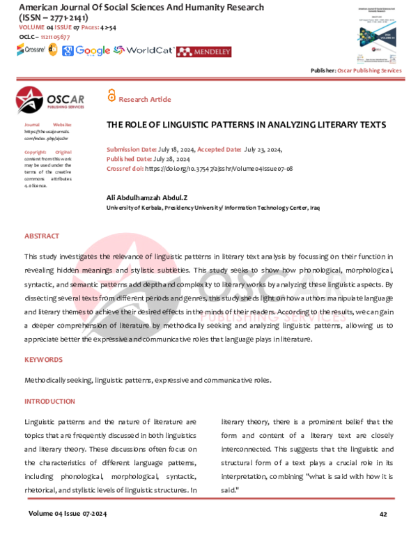 (PDF) THE ROLE OF LINGUISTIC PATTERNS IN ANALYZING LITERARY TEXTS