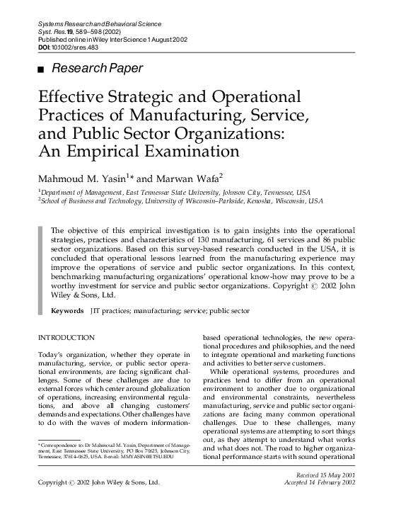 (PDF) Effective strategic and operational practices of manufacturing ...