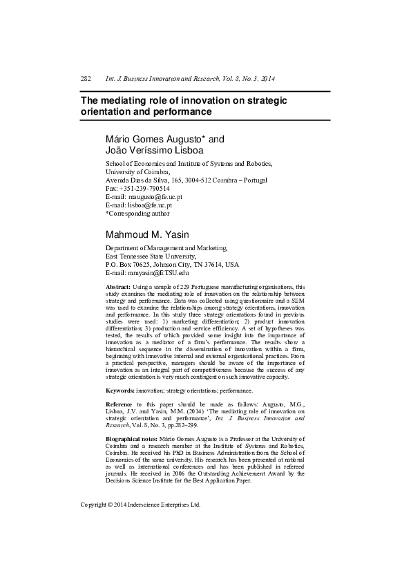 (PDF) The mediating role of innovation on strategic orientation and ...