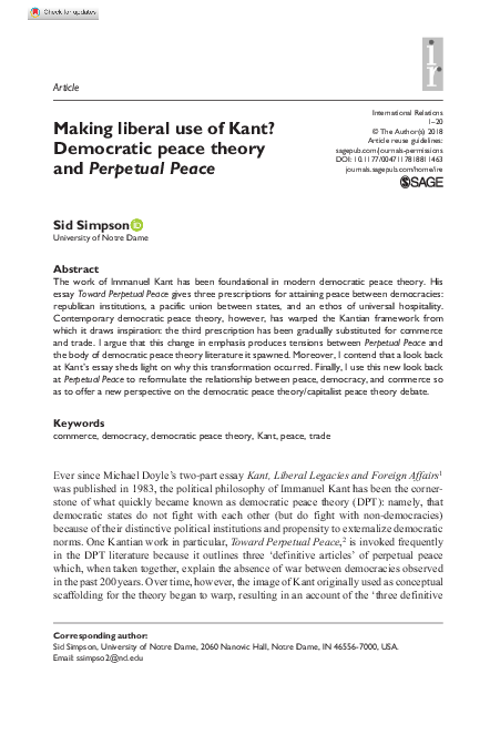 (PDF) Making liberal use of Kant? Democratic peace theory and Perpetual ...