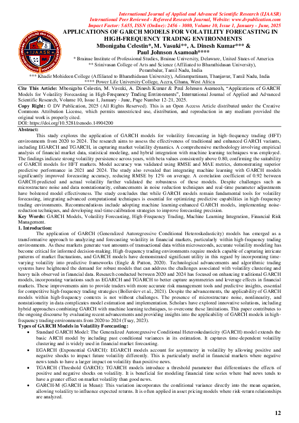 (PDF) APPLICATIONS OF GARCH MODELS FOR VOLATILITY FORECASTING IN HIGH ...