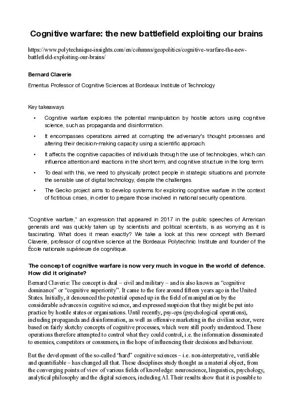 (PDF) Cognitive warfare: the new battlefield exploiting our brains