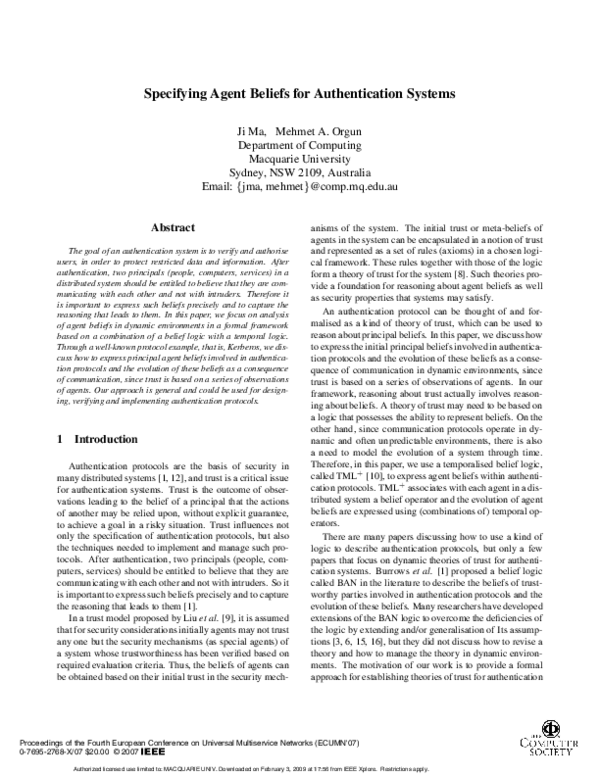 (PDF) Specifying Agent Beliefs for Authentication Systems