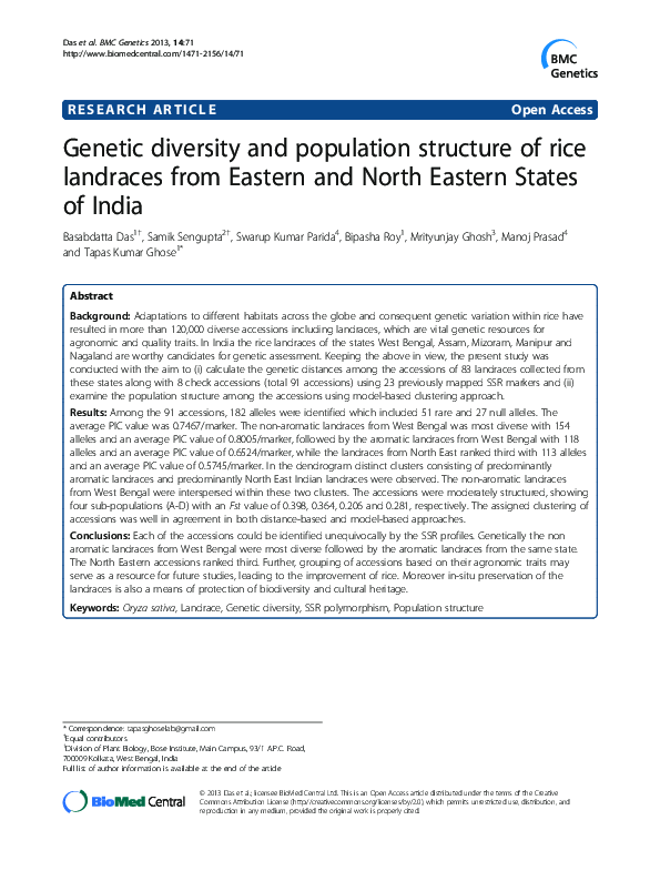 (PDF) Genetic diversity and population structure of rice landraces from ...