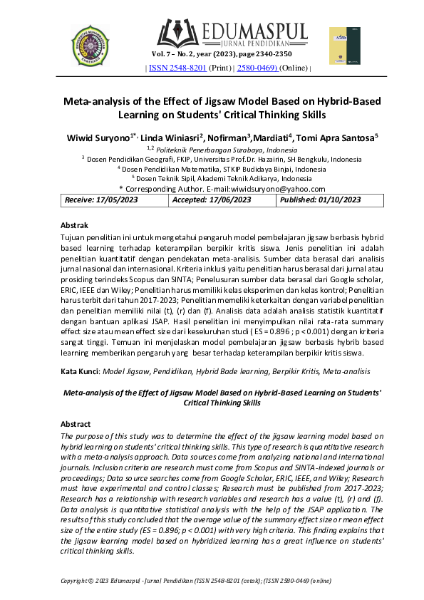 (PDF) Meta-analysis of the Effect of Jigsaw Model Based on Hybrid-Based ...