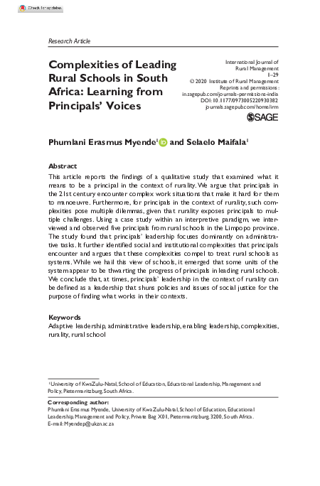 (PDF) Complexities of Leading Rural Schools in South Africa: Learning ...