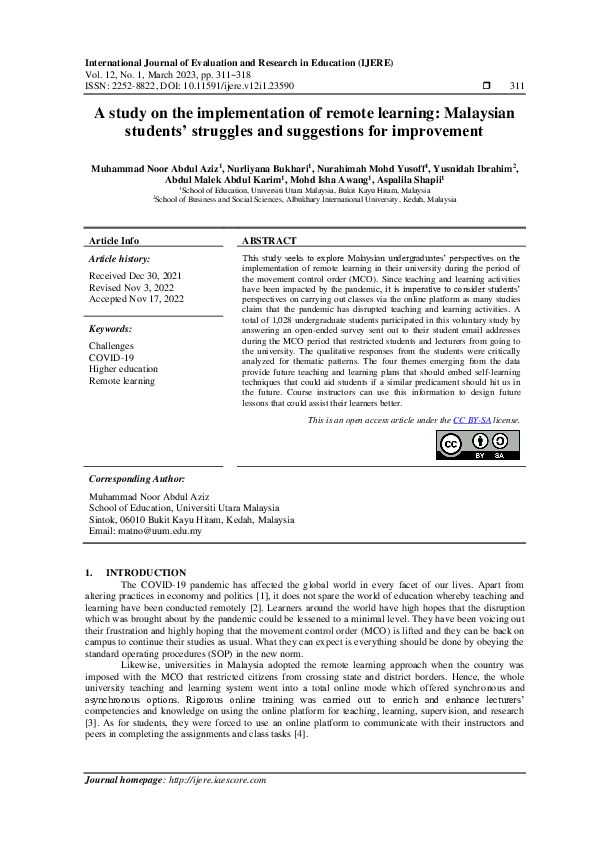 (PDF) A study on the implementation of remote learning: Malaysian ...