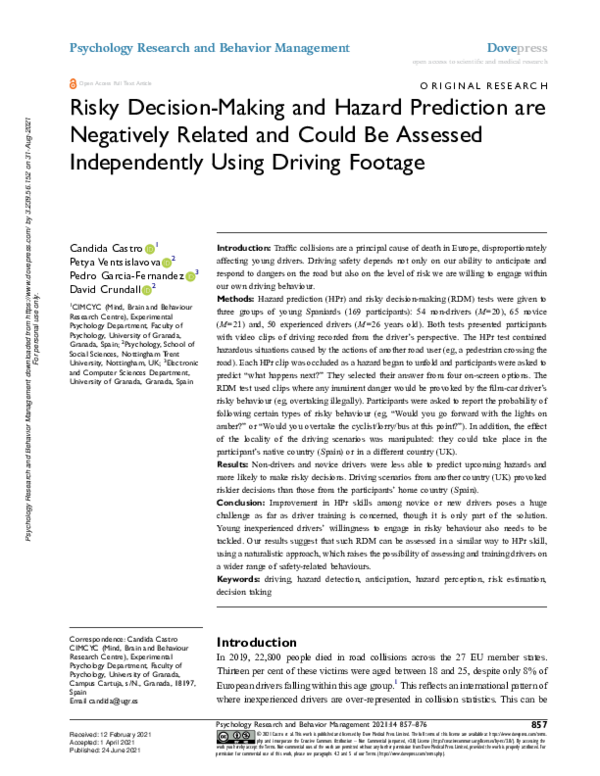 (PDF) Risky Decision-Making and Hazard Prediction are Negatively ...