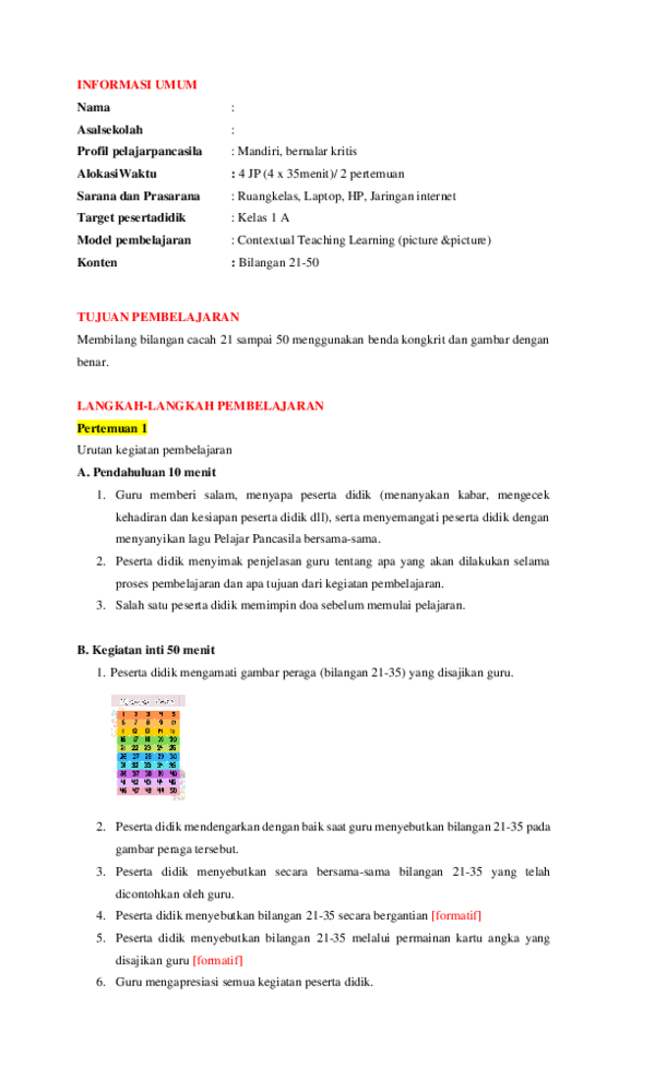 (PDF) MODUL AJAR MATEMATIKA KELAS 1 SD SEMESTER 2