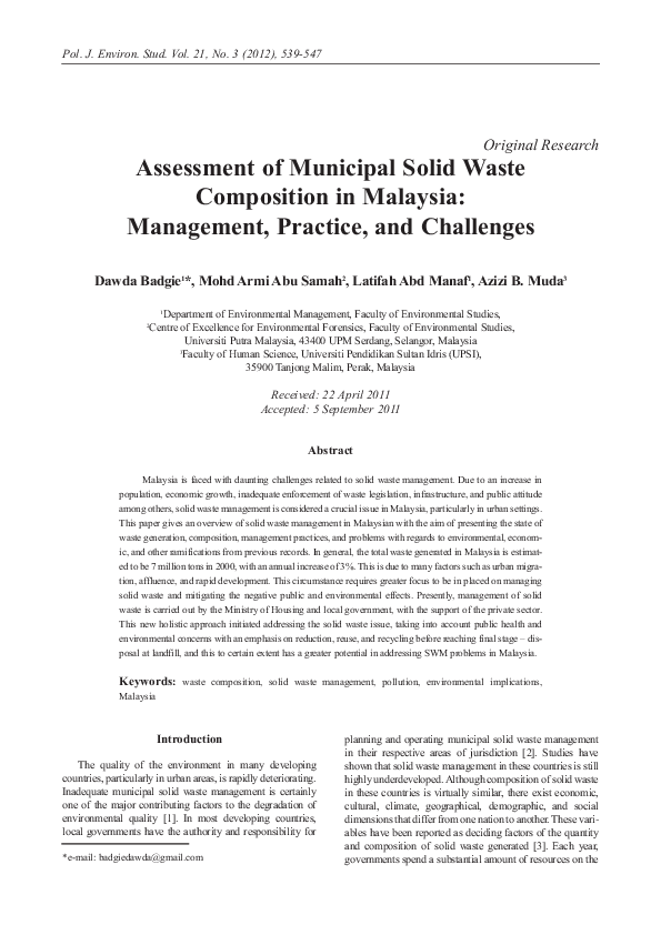 (PDF) Assessment of Municipal Solid Waste Composition in Malaysia ...