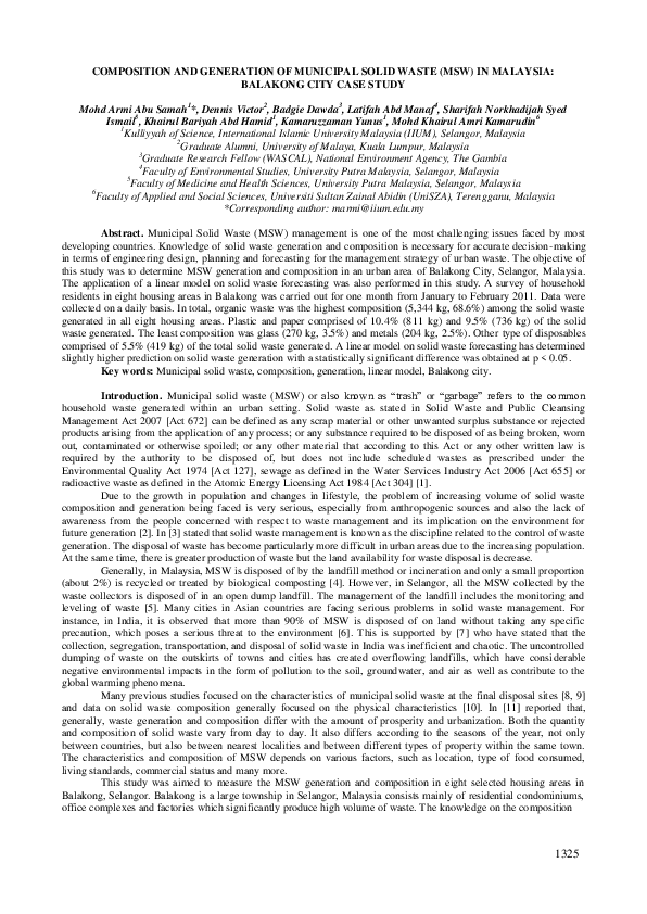 (PDF) Composition and Generation of Municipal Solid Waste (MSW) in ...