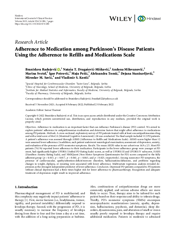 (PDF) Adherence to Medication among Parkinson’s Disease Patients Using ...