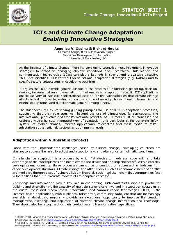 (PDF) ICTs and Climate Change Adaptation: Enabling innovative strategies