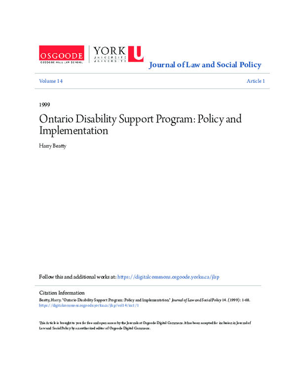 (PDF) Ontario Disability Support Program: Policy and Implementation