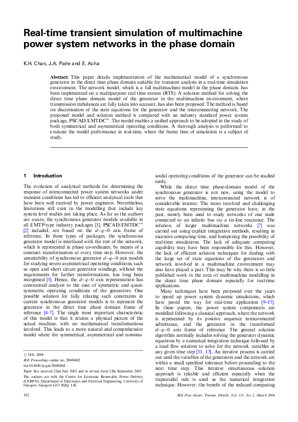 (PDF) Real-time transient simulation of multimachine power system ...