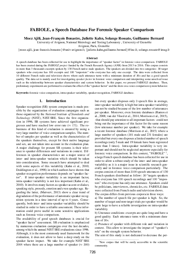 (PDF) FABIOLE, a Speech Database for Forensic Speaker Comparison