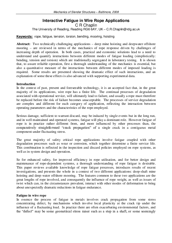 (PDF) Interactive Fatigue in Wire Rope Applications