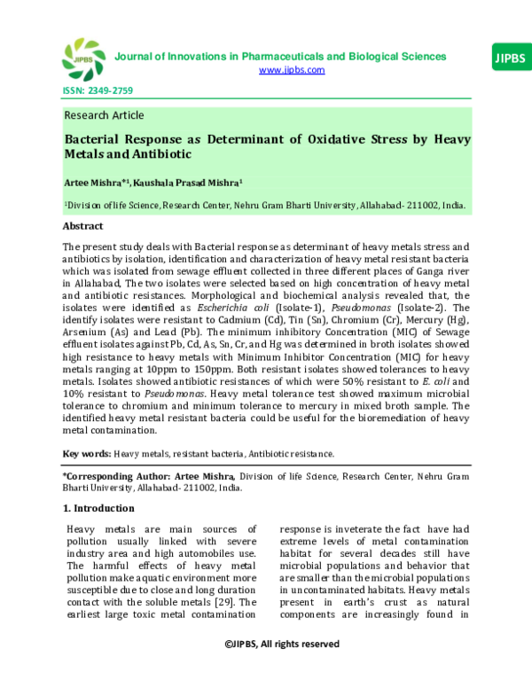 (PDF) Bacterial Response as Determinant of Oxidative Stress by Heavy ...