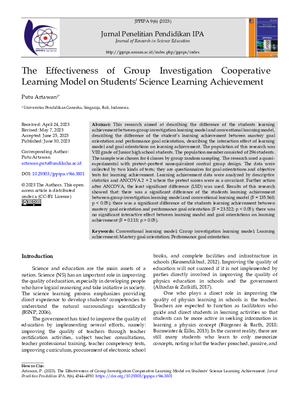 (PDF) Effectiveness of Group Investigation Cooperative Learning Model ...