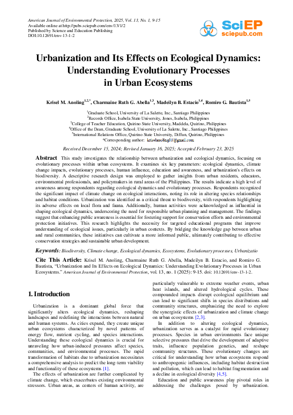 (PDF) Urbanization and Its Effects on Ecological Dynamics ...