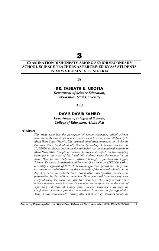 (PDF) EXAMINATION DISHONESTY AMONG SENIOR SECONDARY SCHOOL SCIENCE ...