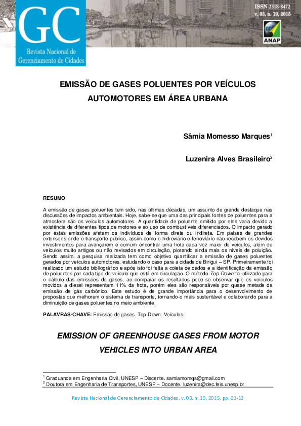 (PDF) Emissão De Gases Poluentes Por Veículos Automotores Em Área Urbana