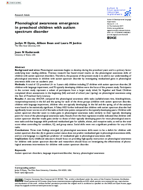 (PDF) Phonological awareness emergence in preschool children with ...