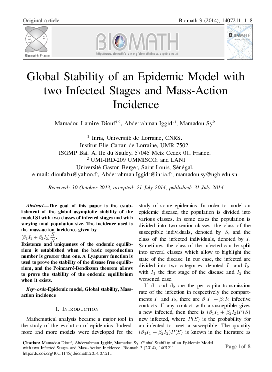 (PDF) Global Stability of an Epidemic Model with Two Infected Stages ...