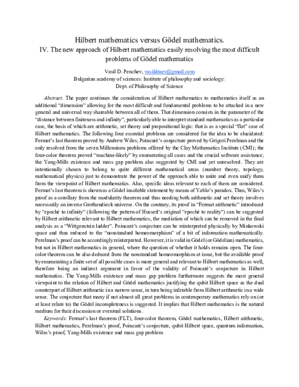(PDF) Hilbert mathematics versus Gödel mathematics. IV. The new ...