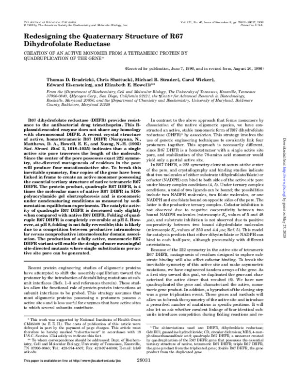 (PDF) Redesigning the Quaternary Structure of R67 Dihydrofolate Reductase