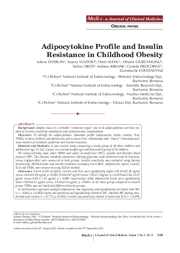 (PDF) Adipocytokine profile and insulin resistance in childhood obesity