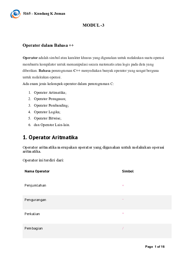 (PDF) MODUL -3 Operator dalam Bahasa