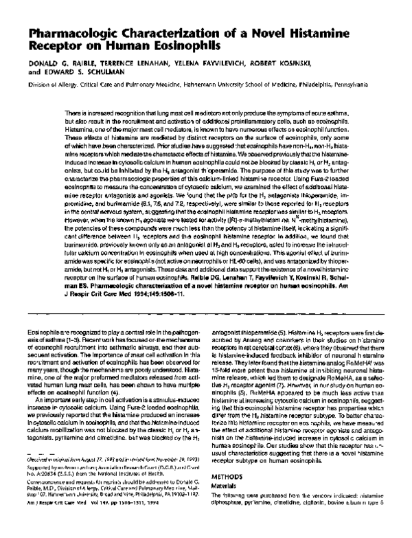 (PDF) Pharmacologic characterization of a novel histamine receptor on ...