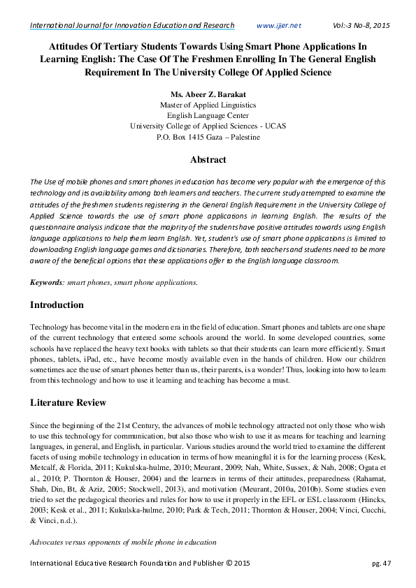 (PDF) Attitudes Of Tertiary Students Towards Using Smart Phone ...