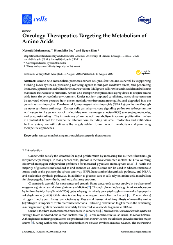 (PDF) Oncology Therapeutics Targeting the Metabolism of Amino Acids
