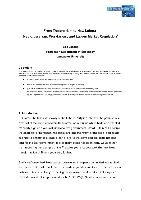(PDF) From Thatcherism to New Labour: neo-liberalism, workfarism and ...