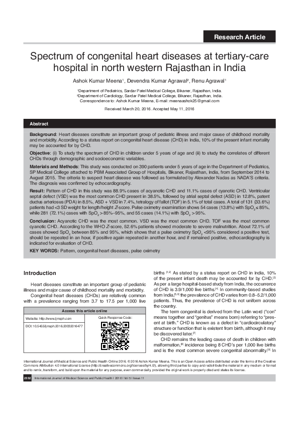 (PDF) Spectrum of congenital heart diseases at tertiary-care hospital ...
