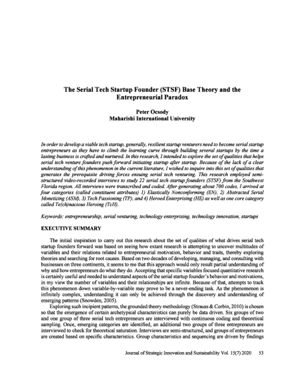 (PDF) The Serial Tech Startup Founder (STSF) Base Theory and the ...