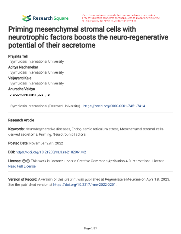 (PDF) Secretome derived from mesenchymal stromal cells primed with ...