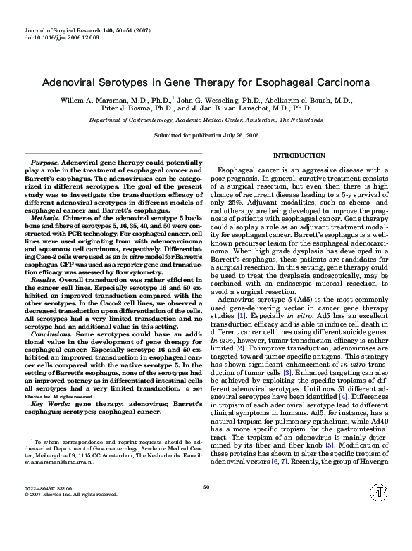 (PDF) Adenoviral Serotypes in Gene Therapy for Esophageal Carcinoma
