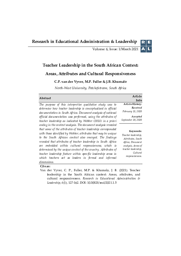(PDF) Teacher Leadership in the South African Context: Areas ...