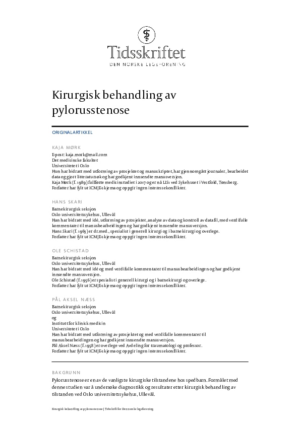 (PDF) Kirurgisk behandling av pylorusstenose